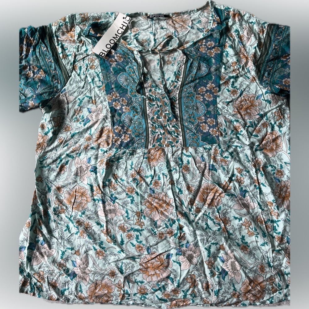 BloomChic Teal and Brown Floral Blouse